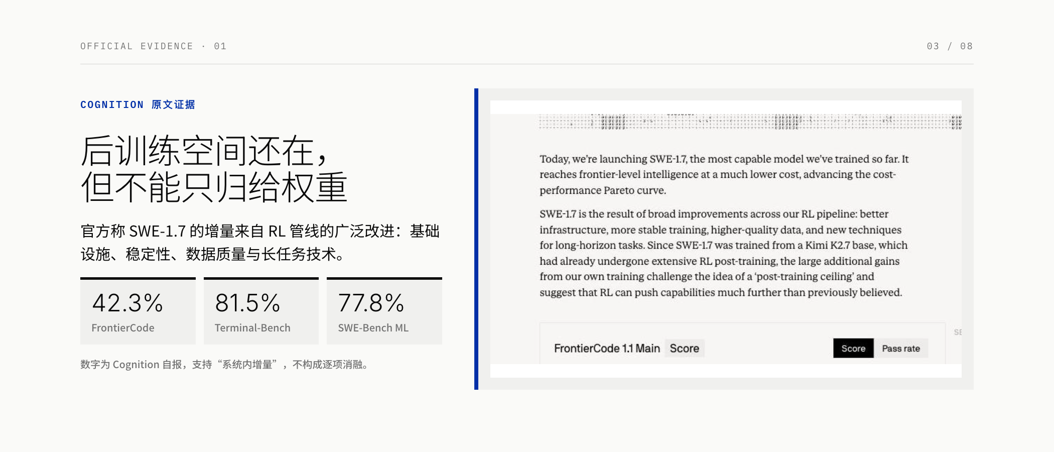 Cognition 对 SWE-1.7 广泛 RL 改进的官方说明