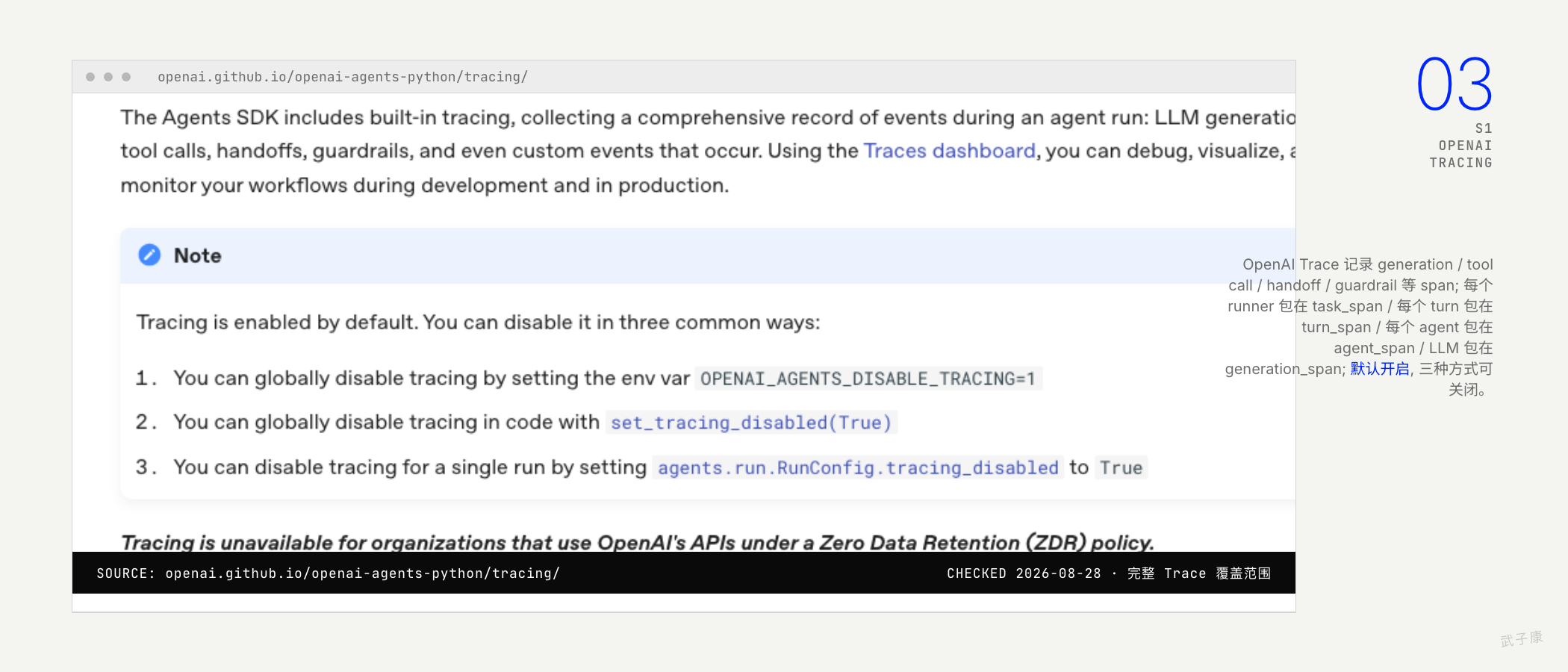 OpenAI Agents SDK Tracing 文档: Trace 默认含 generation/tool call/handoff/guardrail 等 span