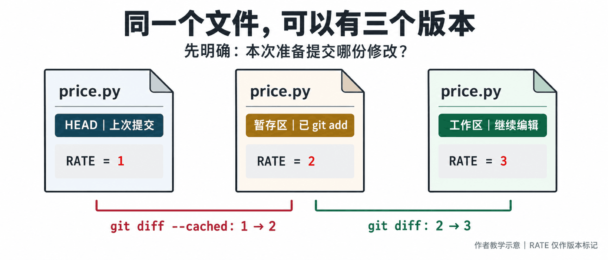 同一文件在HEAD、暂存区、工作区中可以有三个版本