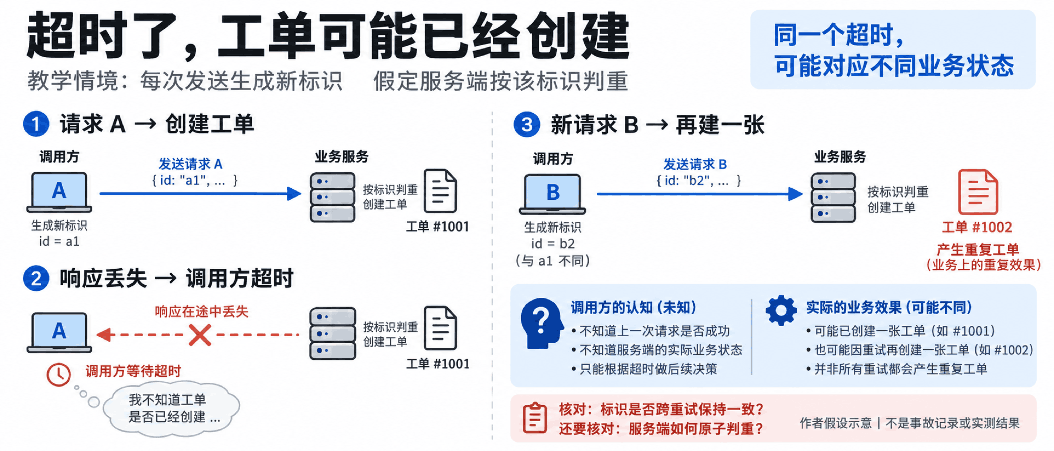 服务端效果已提交而响应丢失时,新操作标识可能造成重复创建;教学假设,非实测。