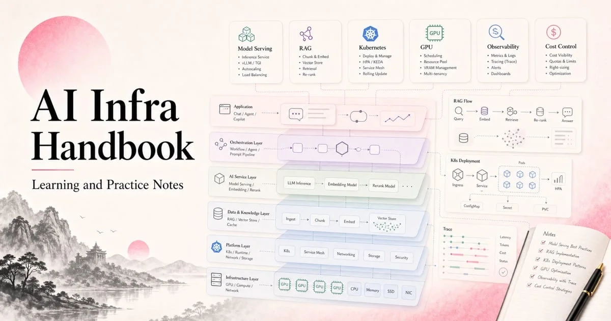 English AI Infra Handbook project cover showing model serving, RAG, Kubernetes, and observability knowledge layers