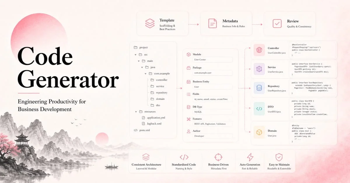 English Code Generator project cover showing scaffolding templates, file trees, and developer automation