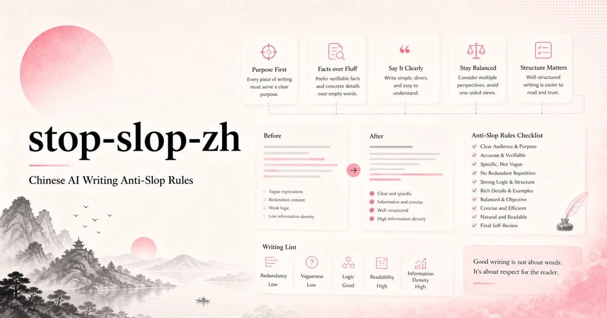 English stop-slop-zh project cover showing Chinese AI writing quality checks, rule lists, and text linting