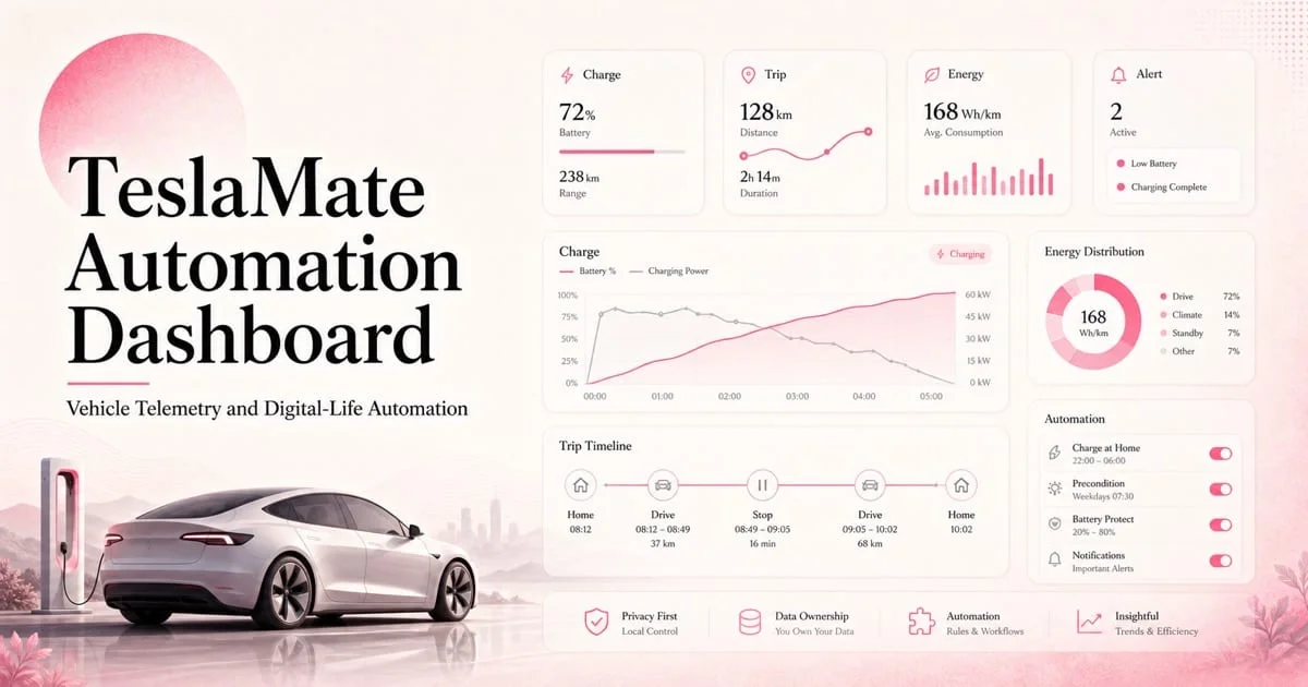 English TeslaMate Dashboard project cover showing vehicle telemetry, charging curves, and digital-life automation